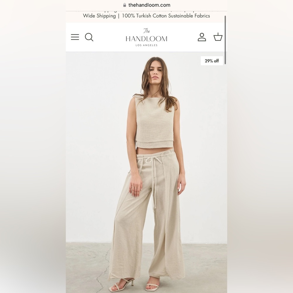 LIKE NEW HANDLOOM LA TURKISH COTTON BEIGE SIDE TIE TOP & PANTS BEIGE SIZE S/M